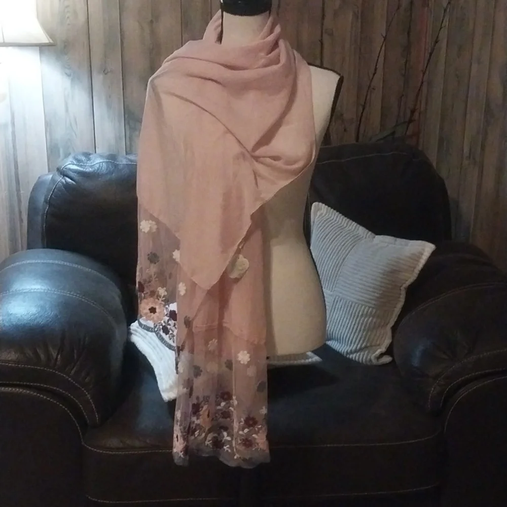 Thin Pink Gauze Embroidered Floral Scarf Shawl Cottagecore Grandmacore Scarf Y2K